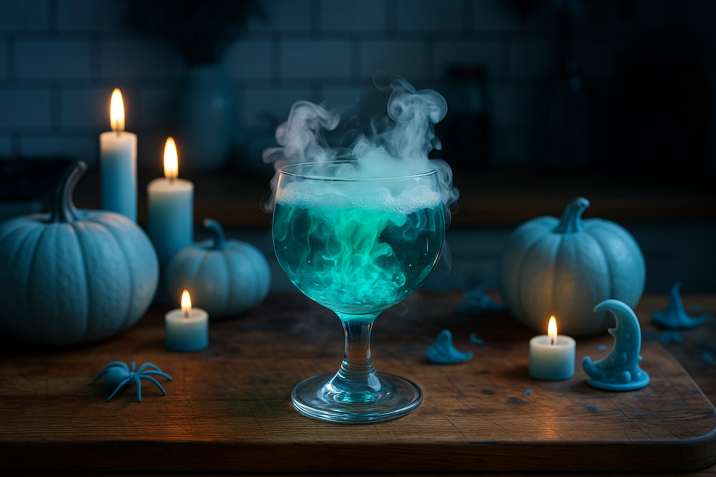 Witches brew cocktail, light blue halloween decor in a kitchen with butcher block counter